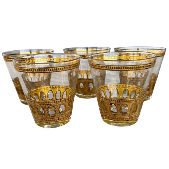 VTG 5-Piece Culver Antigua 22k Gold MCM Barware Old Fashioned Flare Crackle Oval - Picture 2 of 16